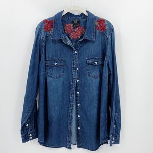 TORRID Rose Embroidered Chambray Denim Shirt 1X